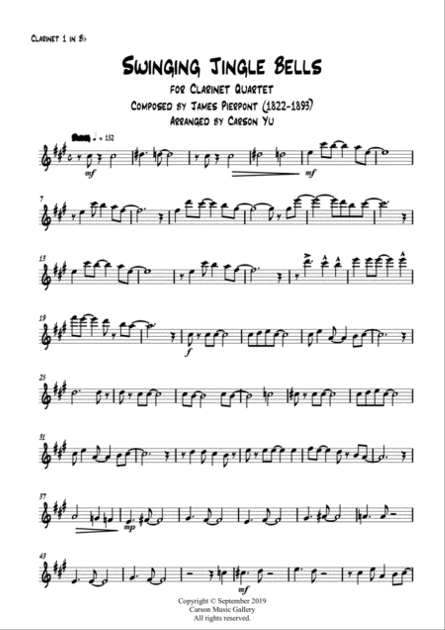 Swinging Jingle Bells - for Clarinet Quartet (4Bb) arr. Carson Yu image number null