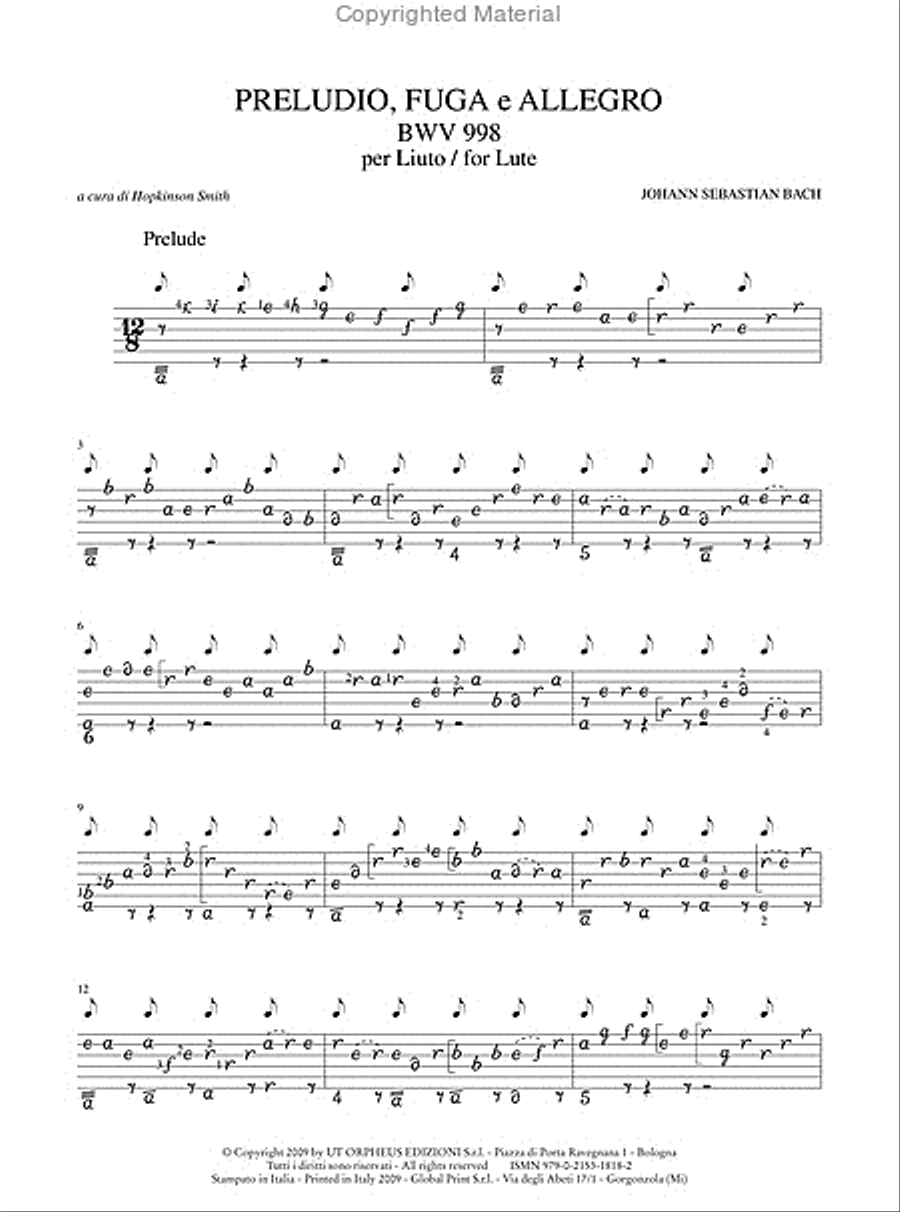 Prelude, Fugue and Allegro BWV 998 for Baroque Lute Lute scores gallery preview page 2