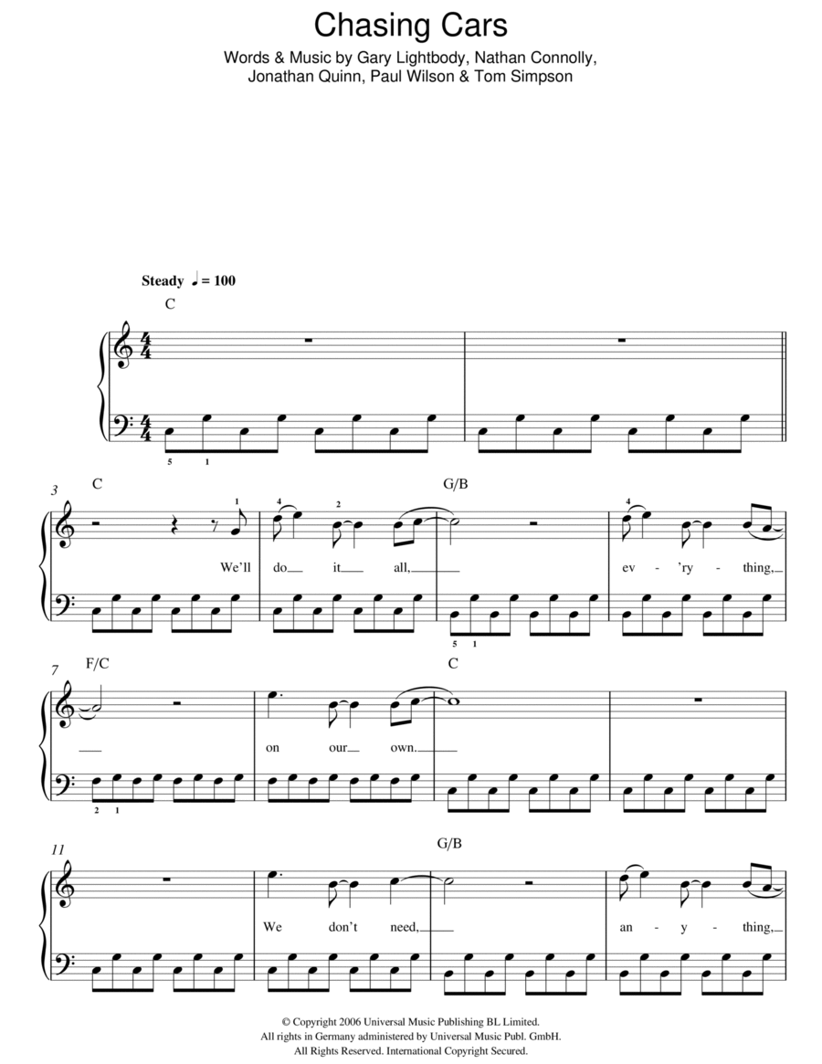 Chasing Cars Easy Piano scores gallery preview page 1