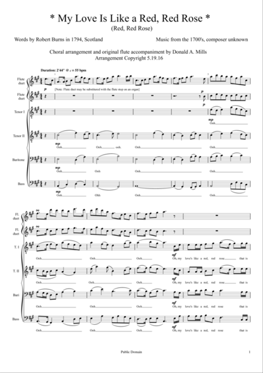 My Love Is Like a Red, Red Rose - TTBB plus Flute duet TTBB scores gallery preview page 1