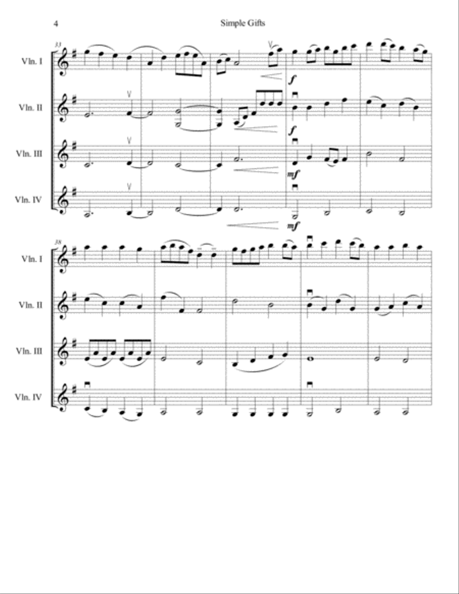 Simple Gifts for Violin Quartet Violin Solo scores gallery preview page 4