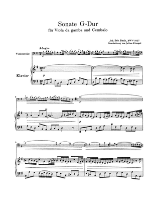 Book cover for Sonata in G Major for Viola da Gamba, BWV 1027 (Transcribed For Cello and Piano)