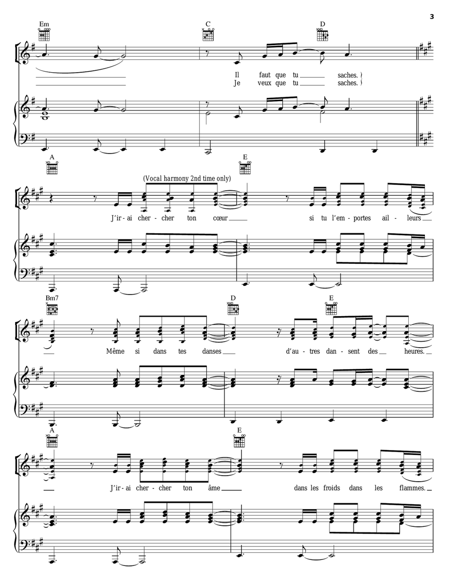 Pour Que Tu M'aimes Encore Piano, Vocal, Guitar scores gallery preview page 3