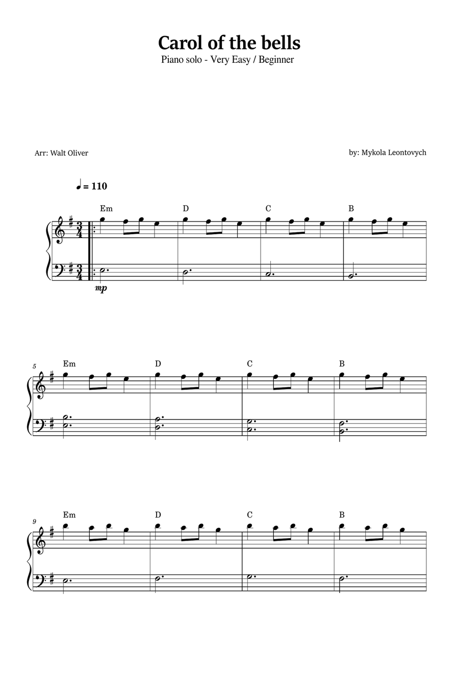 Carol of The Bells (Very Easy - Beginner Piano) in E minor - With Chords Easy Piano scores gallery preview page 1
