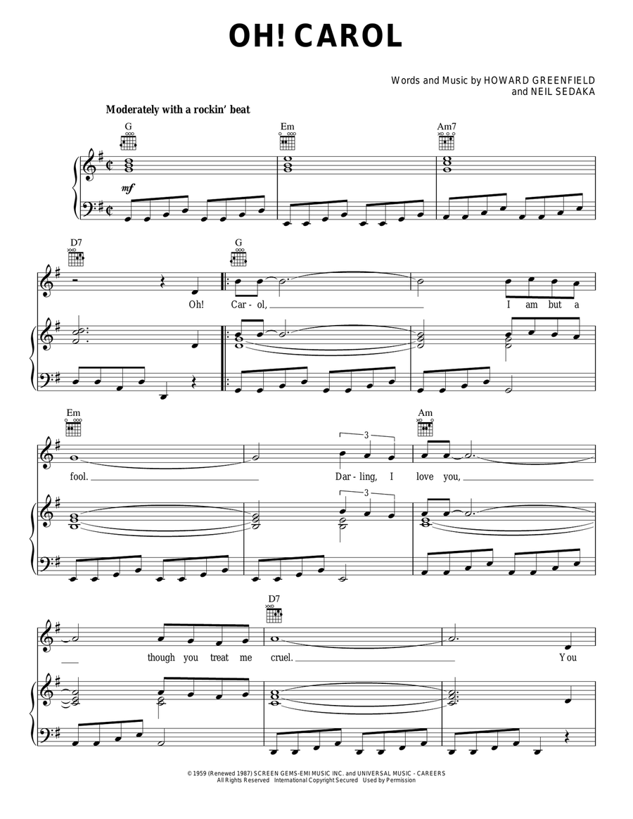 Oh! Carol Piano, Vocal, Guitar scores gallery preview page 1
