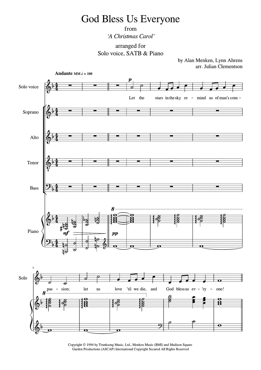 God Bless Us Everyone 4-Part scores gallery preview page 1