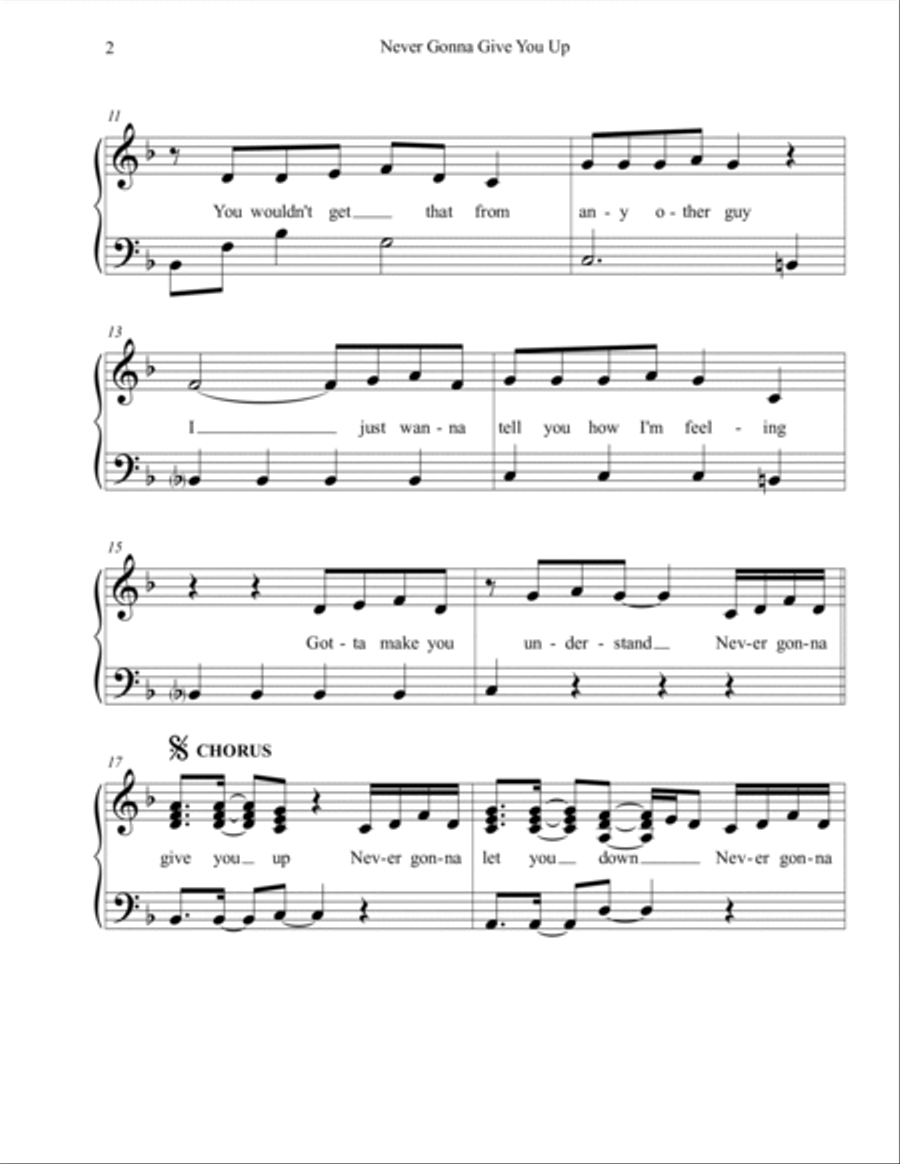 Never Gonna Give You Up (Rick Roll) *Chorus only* Intermediate Piano Sheet  Music with note names & lyrics printable downloadable