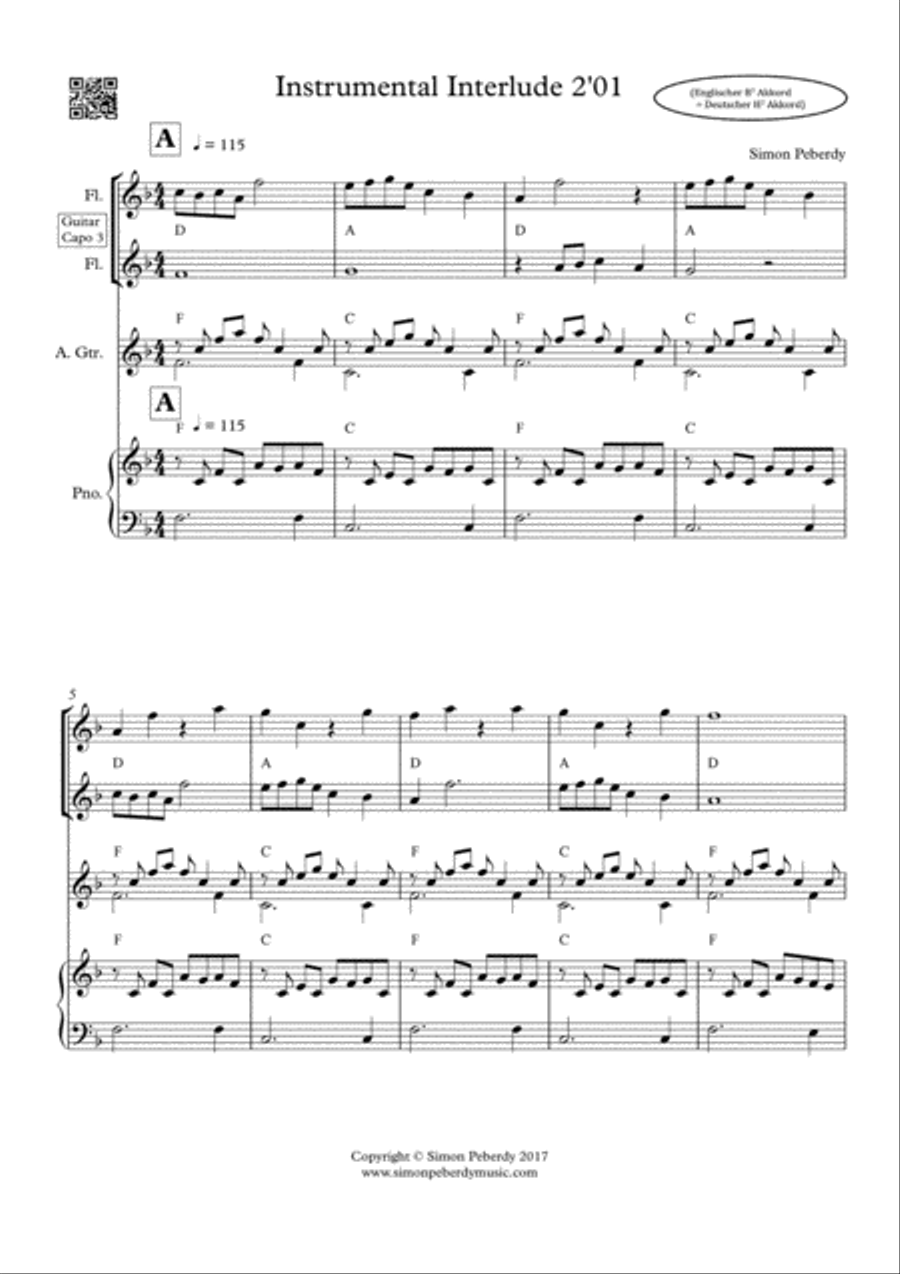 Melodious Instrumental Interlude 2'01 in F for 2 flutes, guitar and/or piano by Simon Peberdy image number null