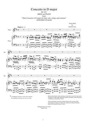 Vivaldi - Concerto in D major RV 453 for Oboe and Piano