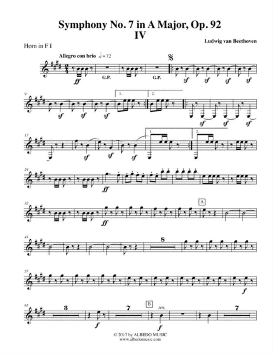 Beethoven Symphony No. 7, Movement IV - Horn in F 1 (Transposed Part), Op. 92 Beethoven Symphony No. 7, Movement IV - Horn in F 1 (Transposed Part), Op. 92 Horn Solo scores gallery preview page 1