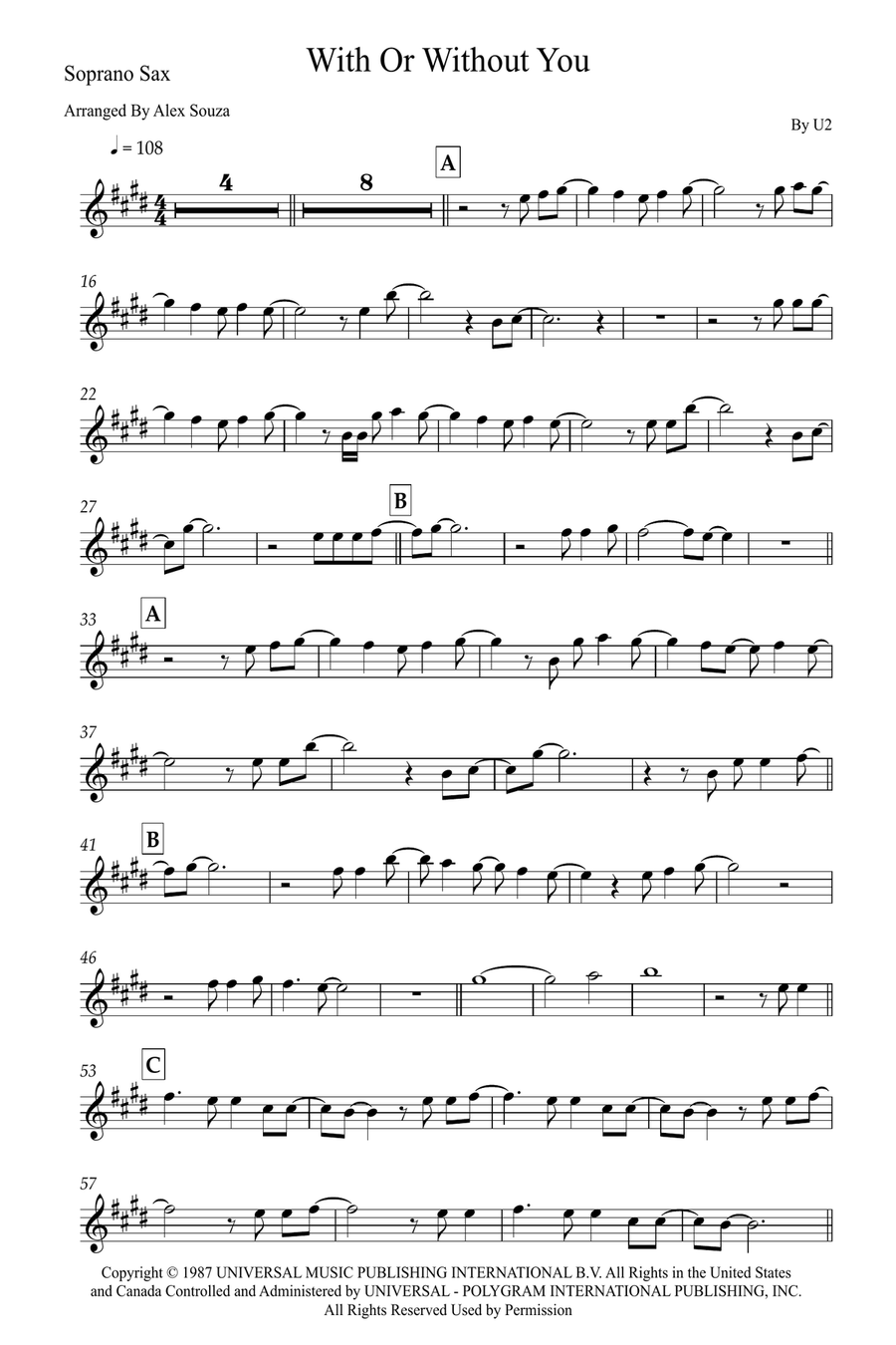With Or Without You Soprano Saxophone scores gallery preview page 1