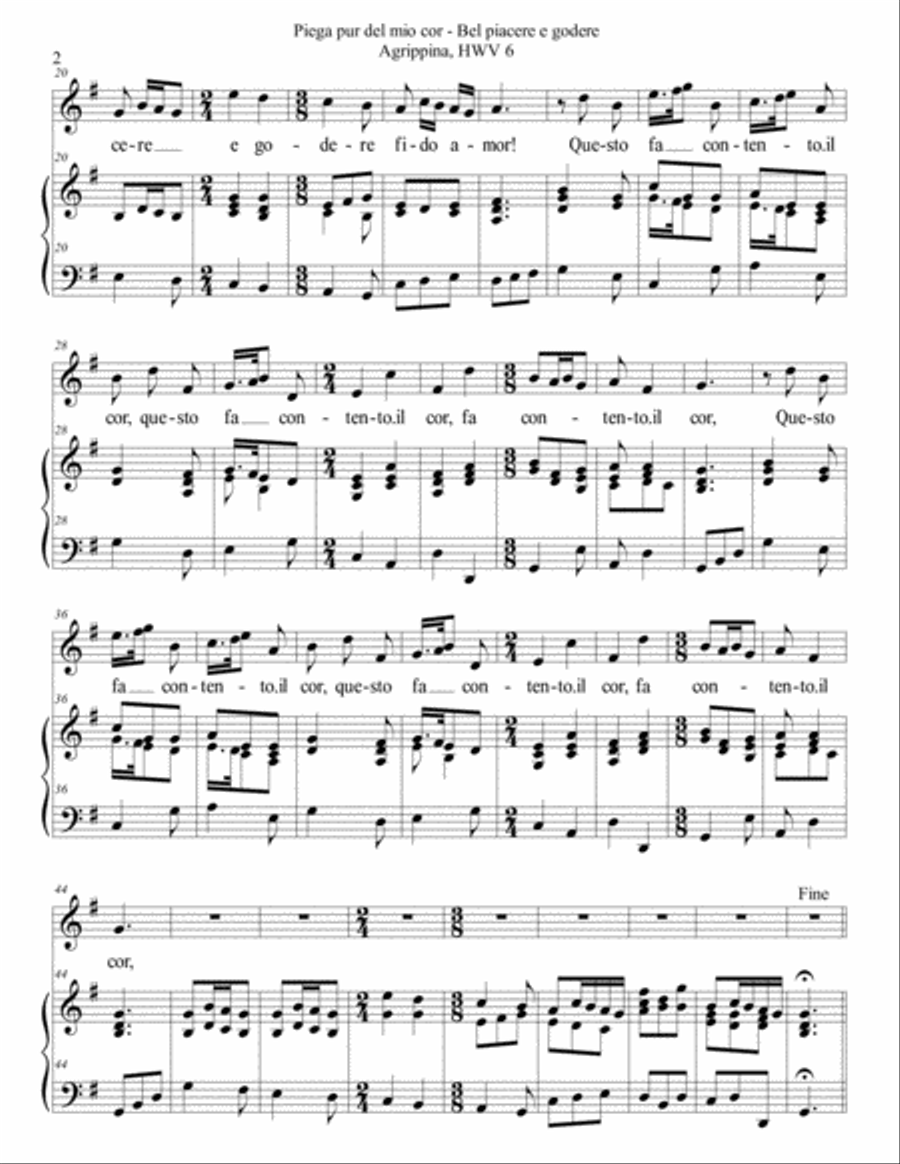 Piega pur del mio cor - Bel piacere e godere from Agrippina (Handel) for soprano with accompaniment Voice scores gallery preview page 2