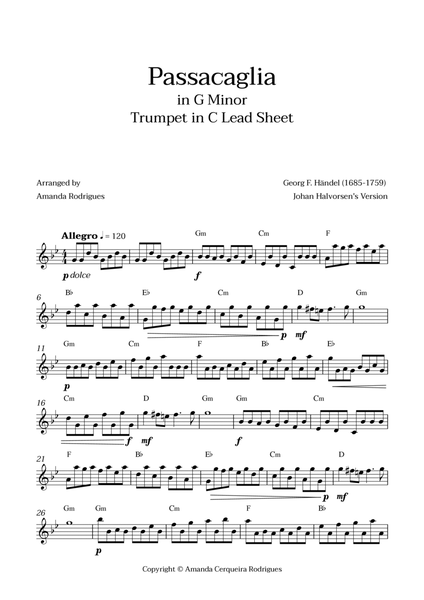 Passacaglia - Easy Trumpet in C Lead Sheet in Gm Minor (Johan Halvorsen's Version) image number null