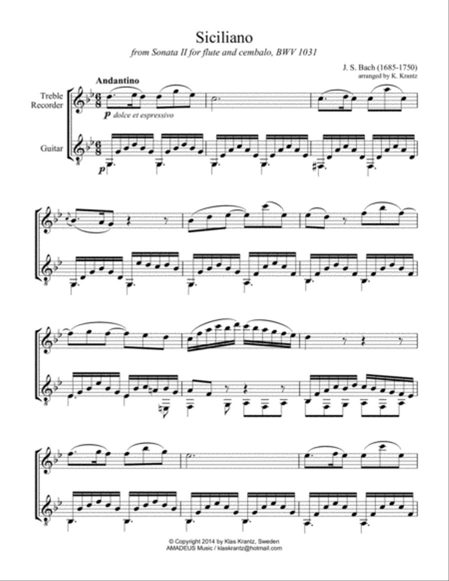 Siciliano BWV 1031 for treble recorder and guitar (G minor) Alto Recorder scores gallery preview page 1
