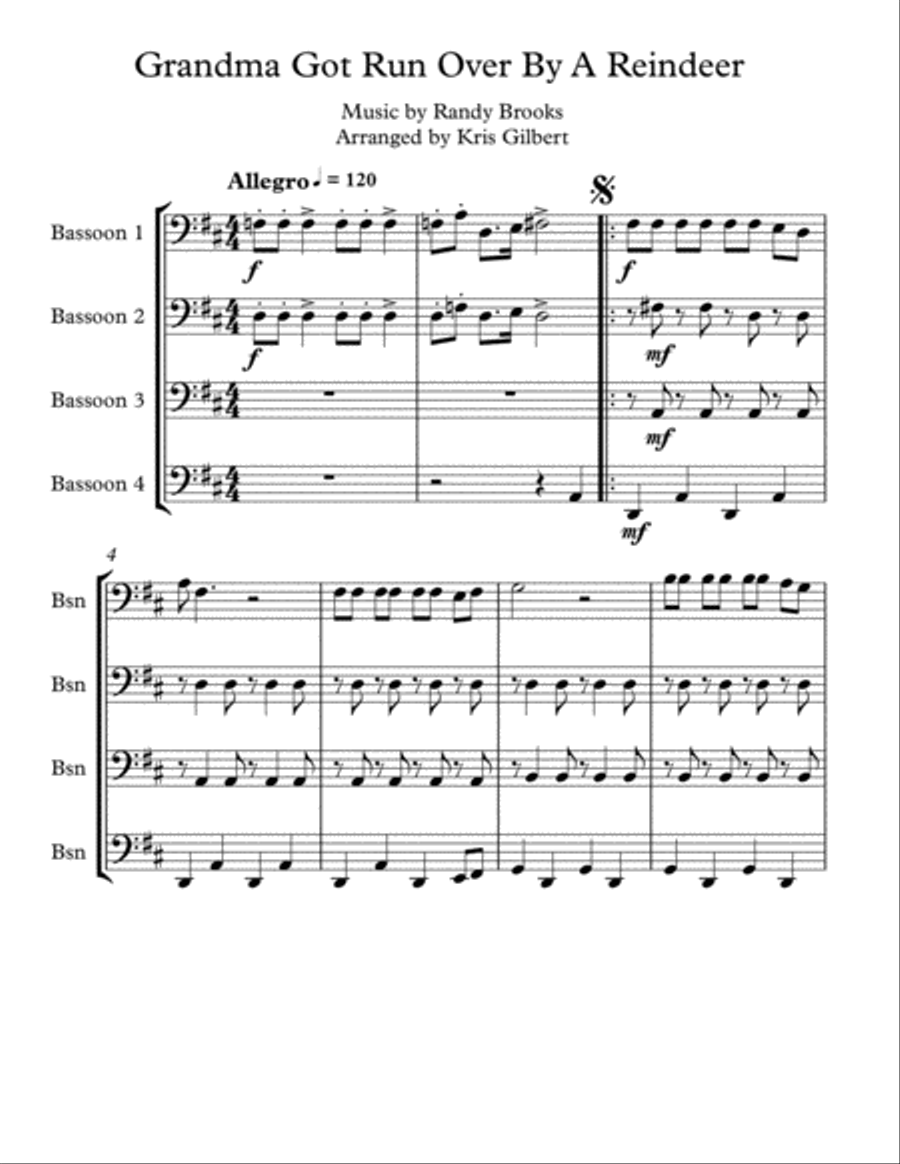 Grandma Got Run Over By A Reindeer Woodwind Quartet scores gallery preview page 1