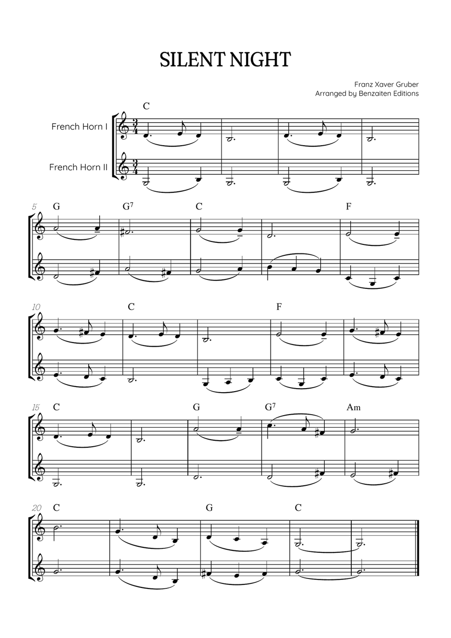 Silent Night for french horn duet • easy Christmas song sheet music (w/ chords) Brass Duet scores gallery preview page 1