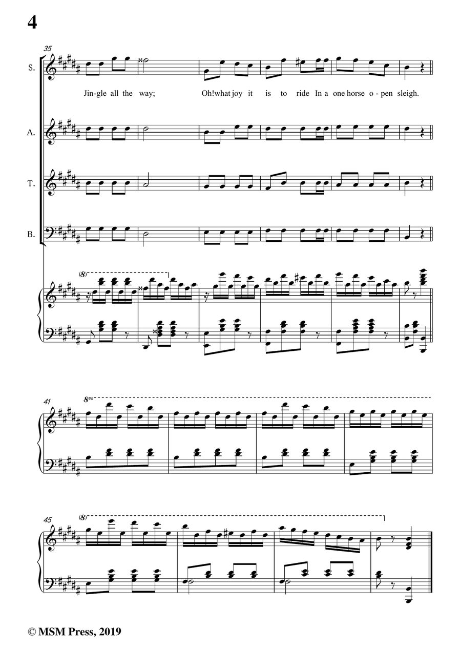 Pierpont-Jingle Bells(The One Horse Open Sleigh),in B Major,for Quatre Chorales 4-Part scores gallery preview page 6