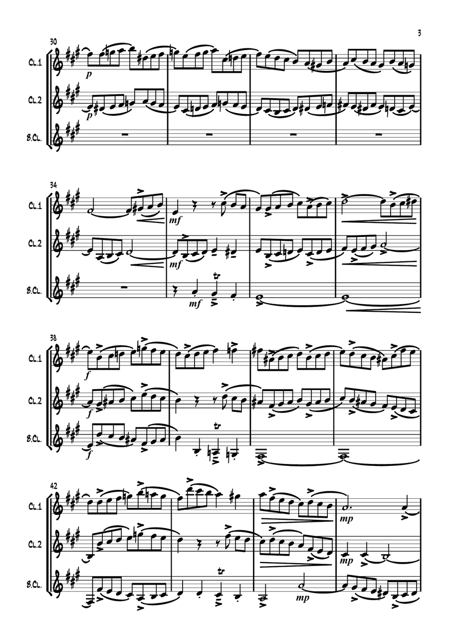 'Fugue in A Major' by Carl Philipp Emanuel Bach (Wq 119/4) for Clarinet Trio. Clarinet Trio scores gallery preview page 3