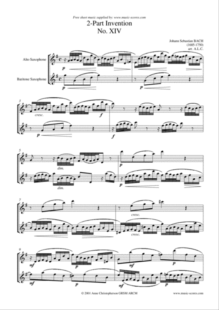 2-Part Invention No. 14 - Alto and Baritone Saxophone Duo Woodwind Duet scores gallery preview page 1
