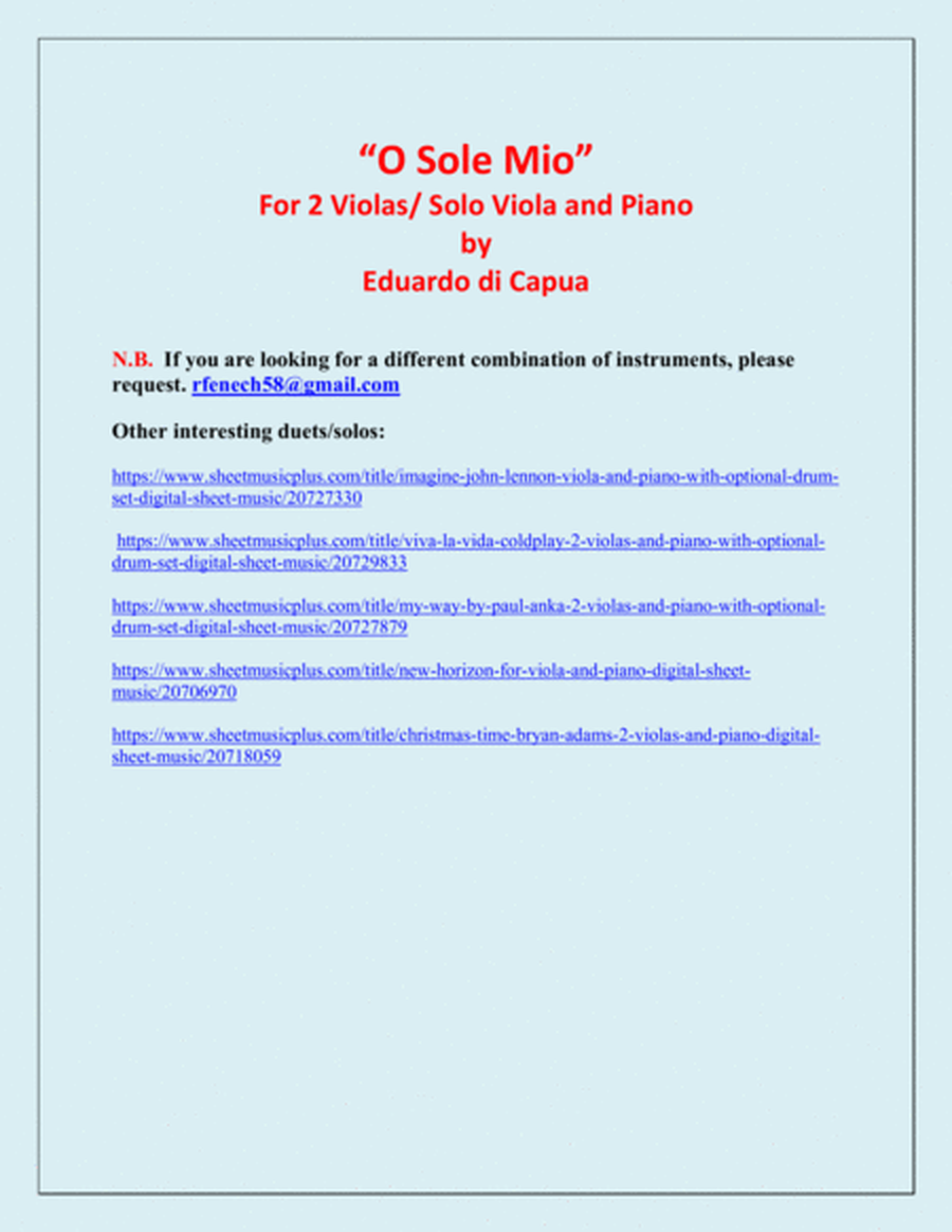 O Sole Mio - 2 Violas and Piano image number null
