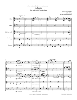 Book cover for Albinoni Adagio - Flute, Oboe, Clarinet, and Bass Clarinet or Bassoon