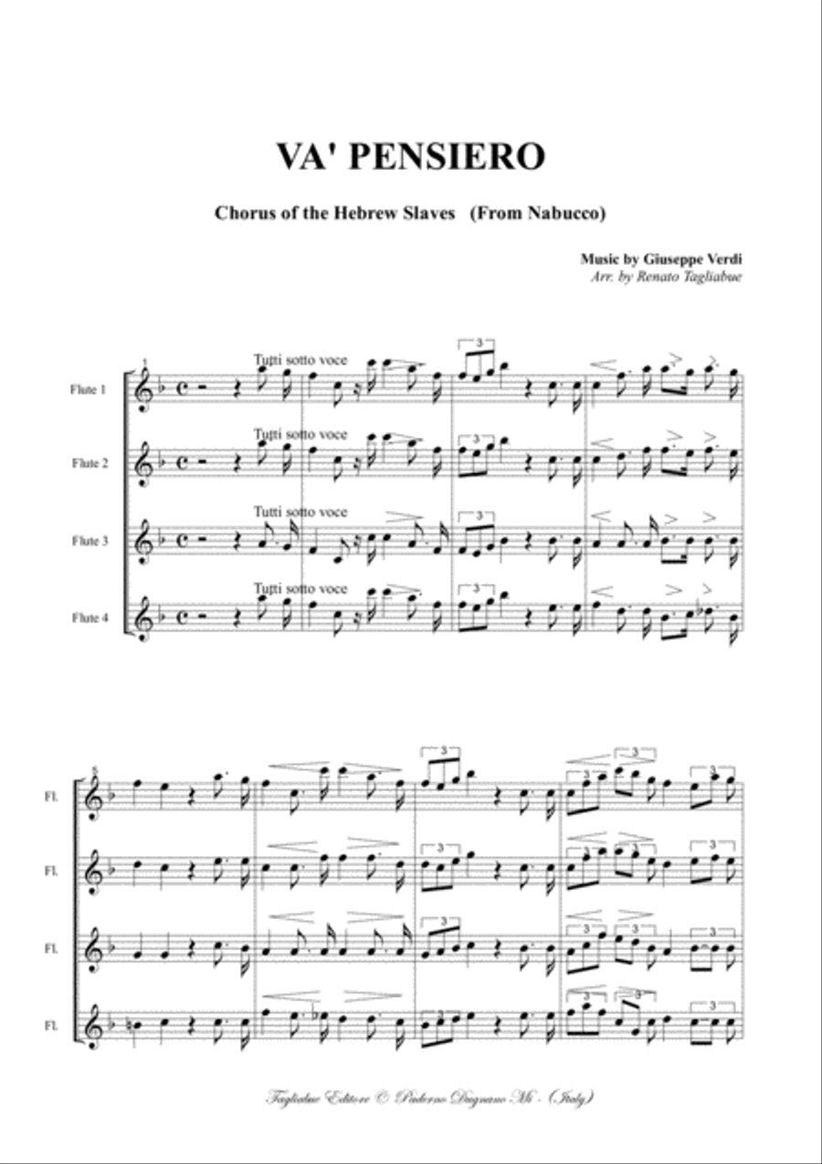 VA' PENSIERO - G.Verdi - From Nabucco - Arr. for Flute Quartet - With parts Flute Quartet scores gallery preview page 2