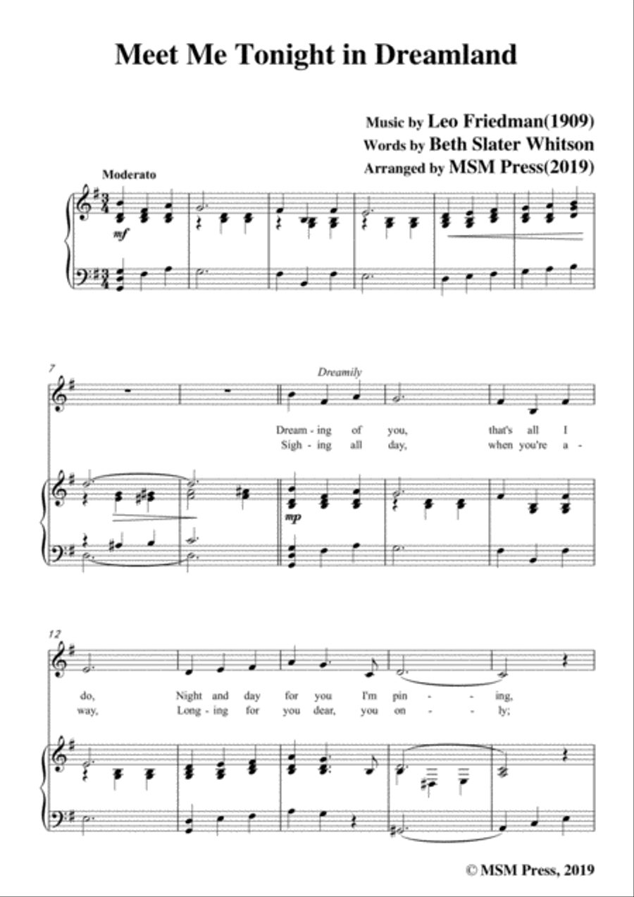 Leo Friedman-Meet Me Tonight in Dreamland,in G Major,for Voic&Piano Voice scores gallery preview page 3