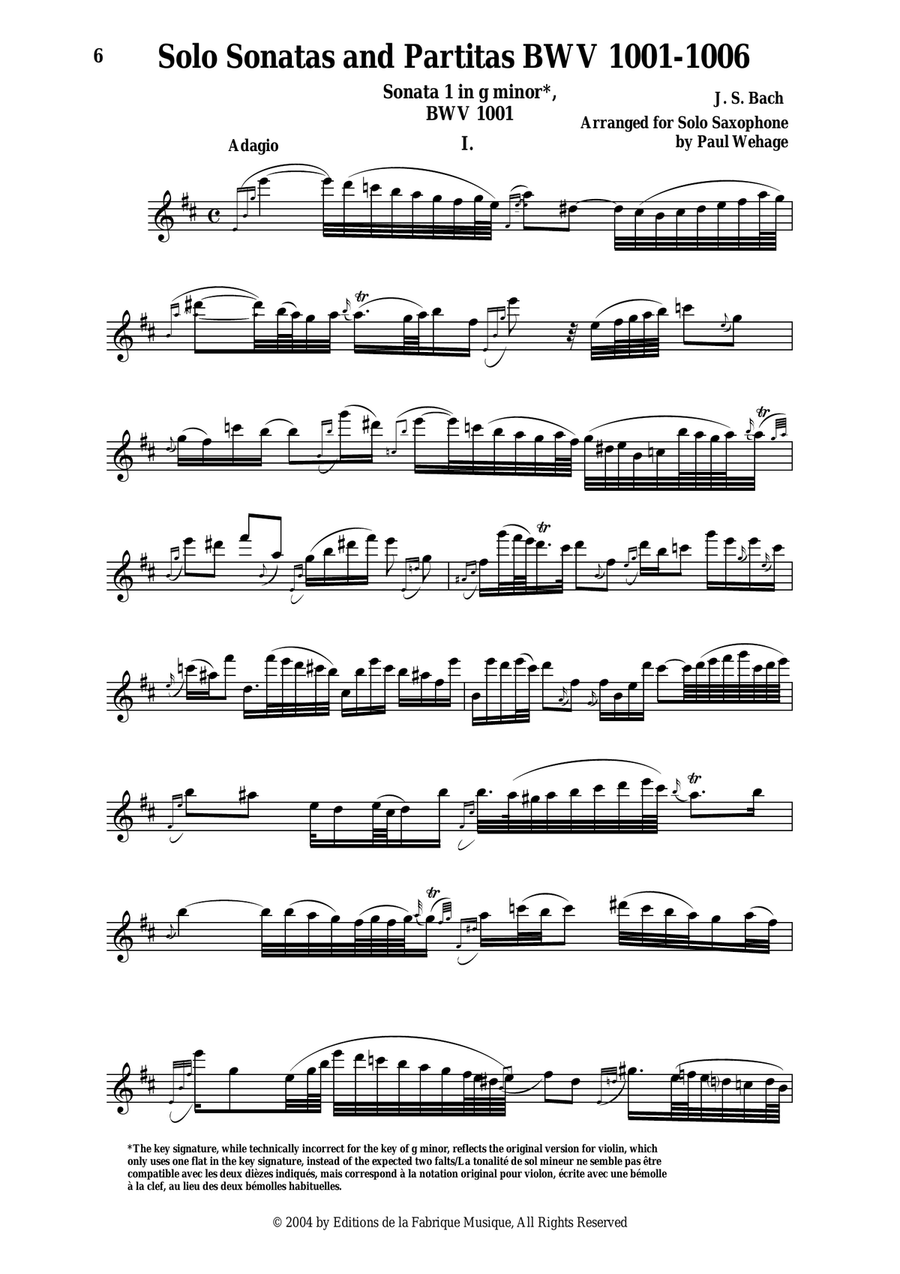 J. S. Bach: Six Sonatas and Partitas for Solo Violin, BWV 1001-1006, arranged for solo saxophone by Woodwind Quartet scores gallery preview page 6