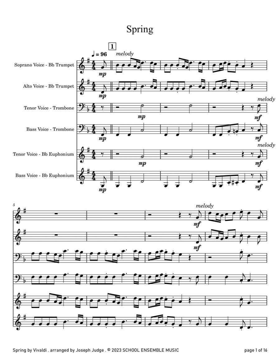 Spring by Vivaldi for Brass Quartet in Schools Brass Quartet scores gallery preview page 1