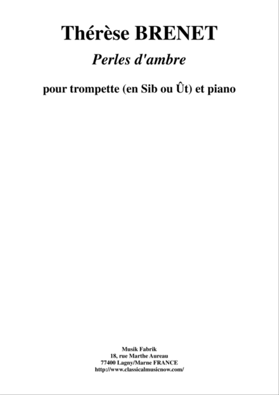 Thérèse Brenet - Perles d'Ambre for trumpet (in Bb or C) and piano Trumpet Duet scores gallery preview page 1