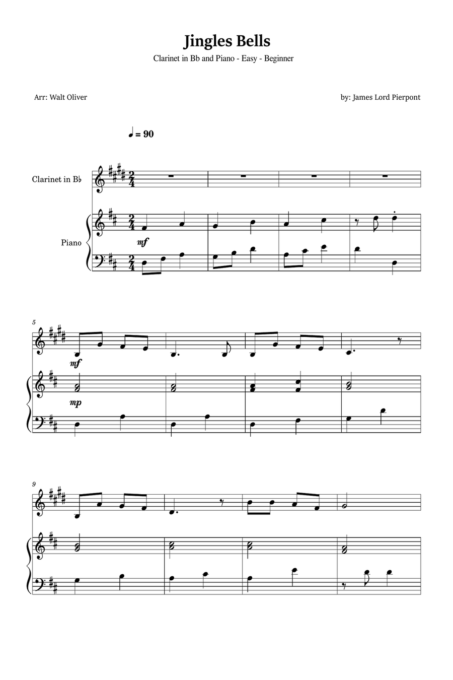 Jingle Bells for Clarinet and Piano (Easy - Beginner) B-Flat Clarinet scores gallery preview page 1