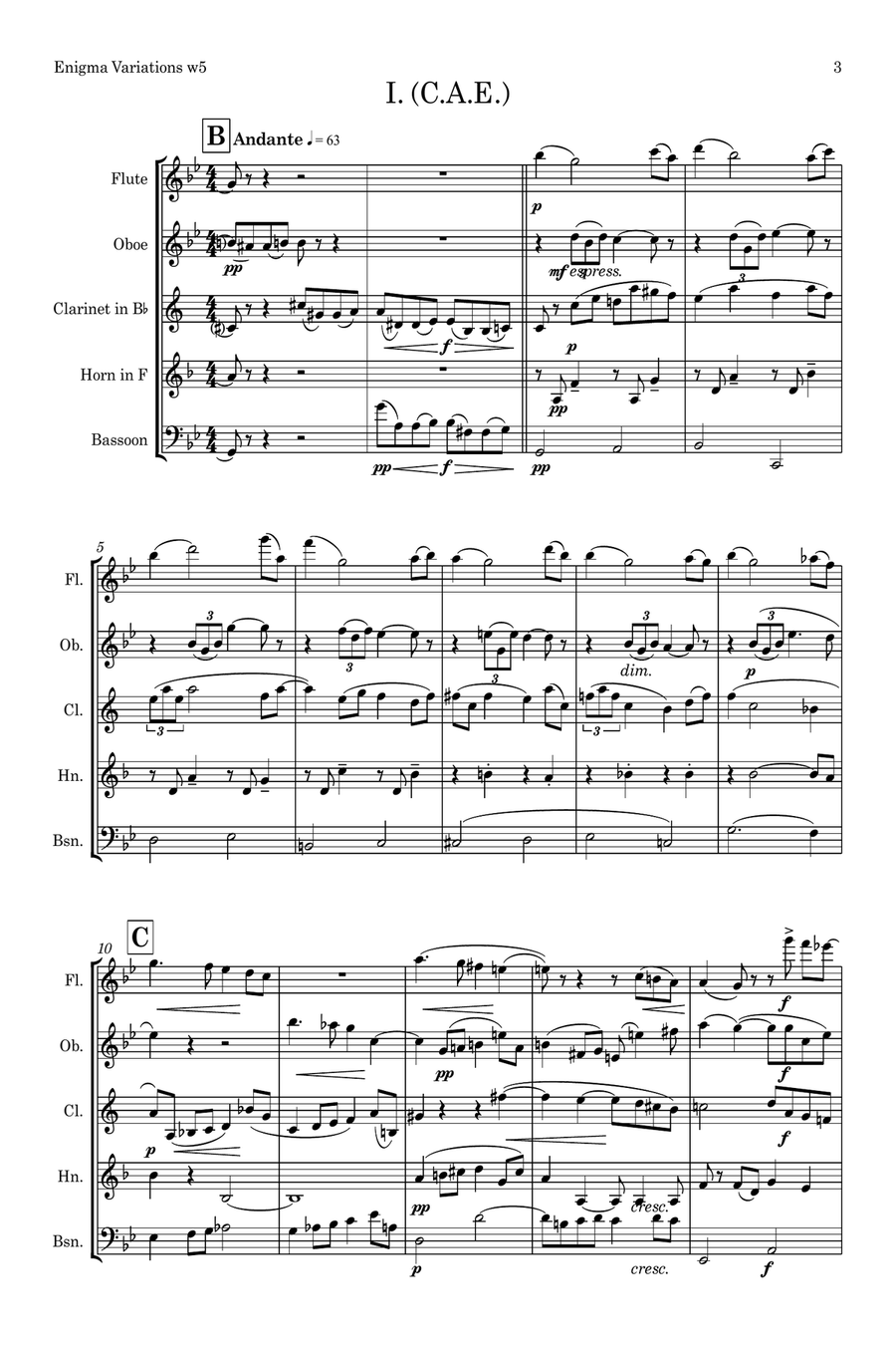 Elgar: Theme and Eight Variations (including Nimrod) from Enigma Variations Op.36 - wind quintet Woodwind Quintet scores gallery preview page 3