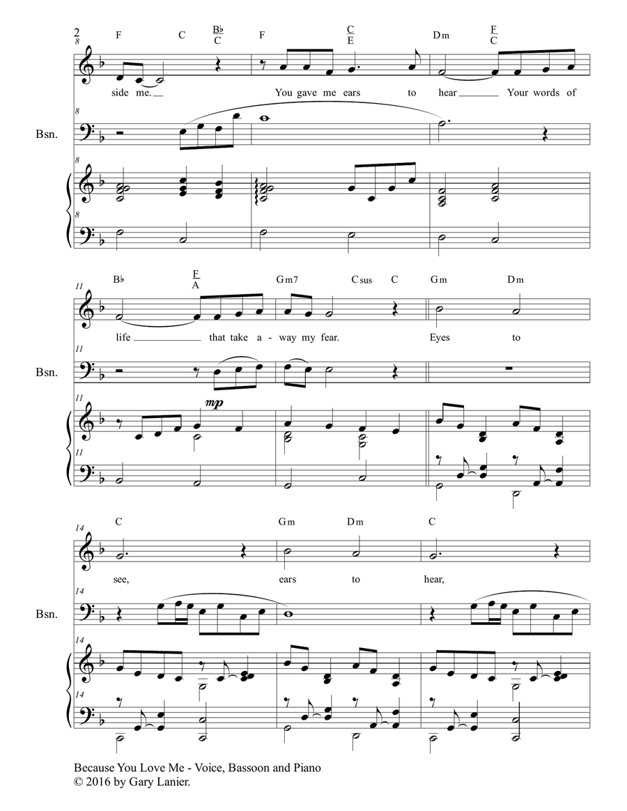 Gary Lanier: BECAUSE YOU LOVE ME (Worship - For Voice, Bassoon and Piano) Small Ensemble scores gallery preview page 3