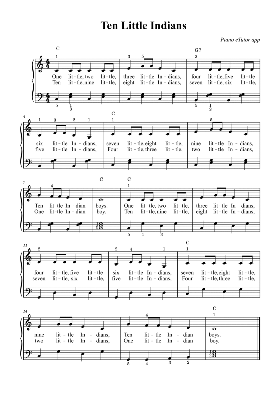 Ten Little Indians (folk song) - piano Ten Little Indians (folk song) - piano Easy Piano scores gallery preview page 1