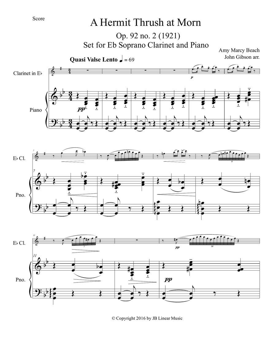 Amy Beach - Hermit Thrush at Morn set for E-Flat Clarinet and Piano E-Flat Clarinet scores gallery preview page 5