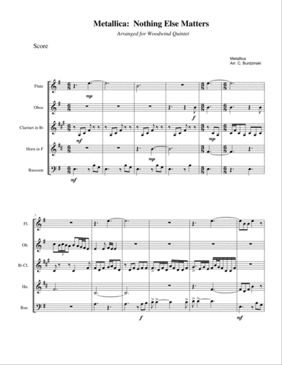 Nothing Else Matters Woodwind Quintet scores gallery preview page 1