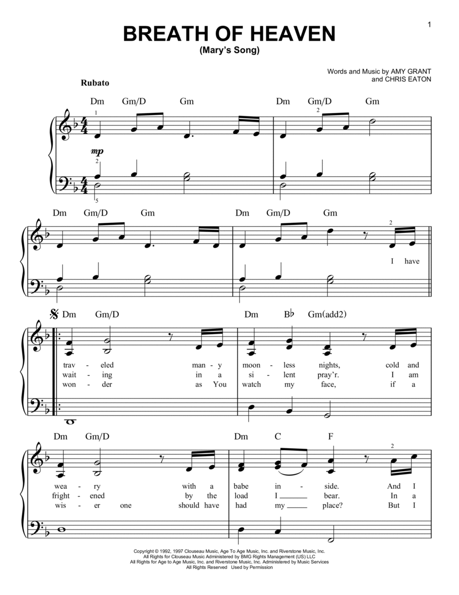 Breath Of Heaven (Mary's Song) Easy Piano scores gallery preview page 1