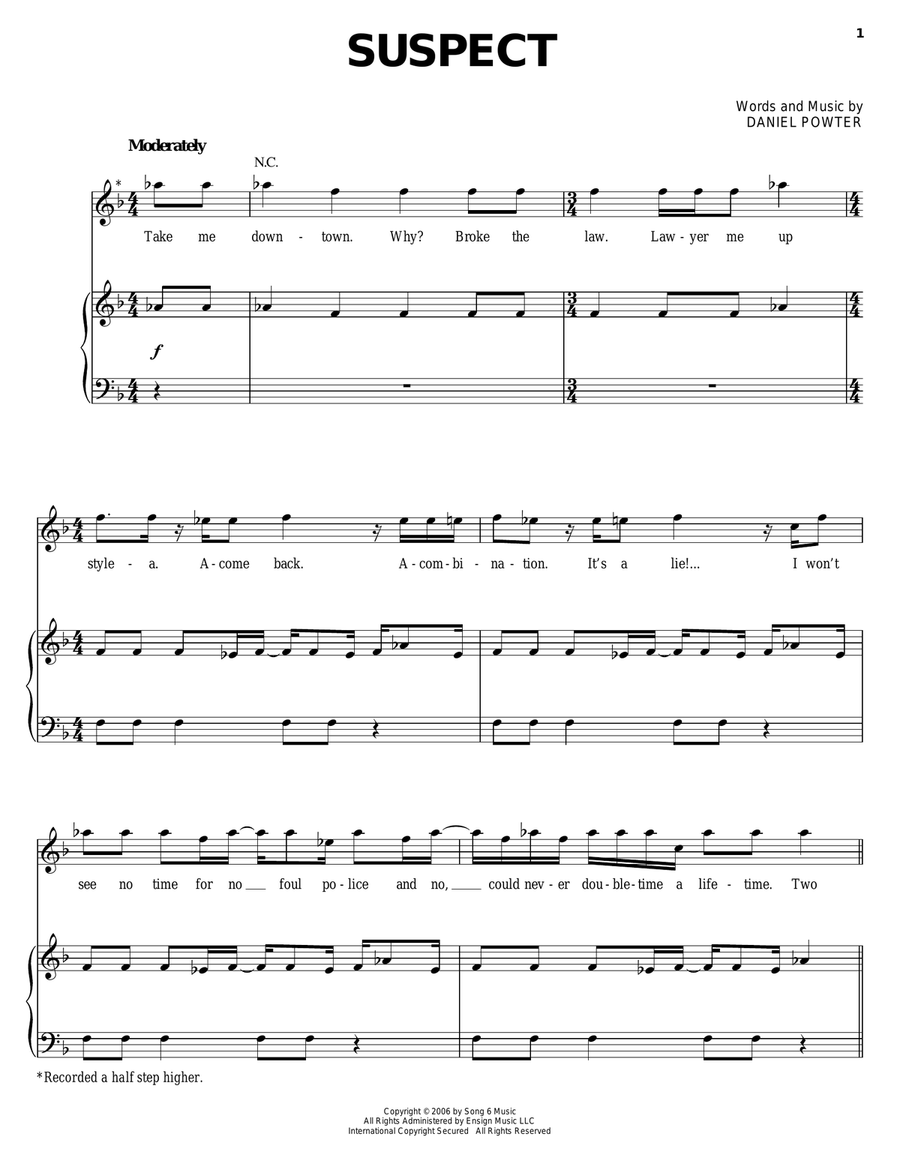 Suspect Piano, Vocal, Guitar scores gallery preview page 1