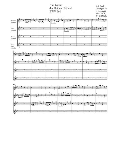 Nun komm der Heiden Heiland BWV 661 from Leipzig Chorales (arrangement for 4 recorders)