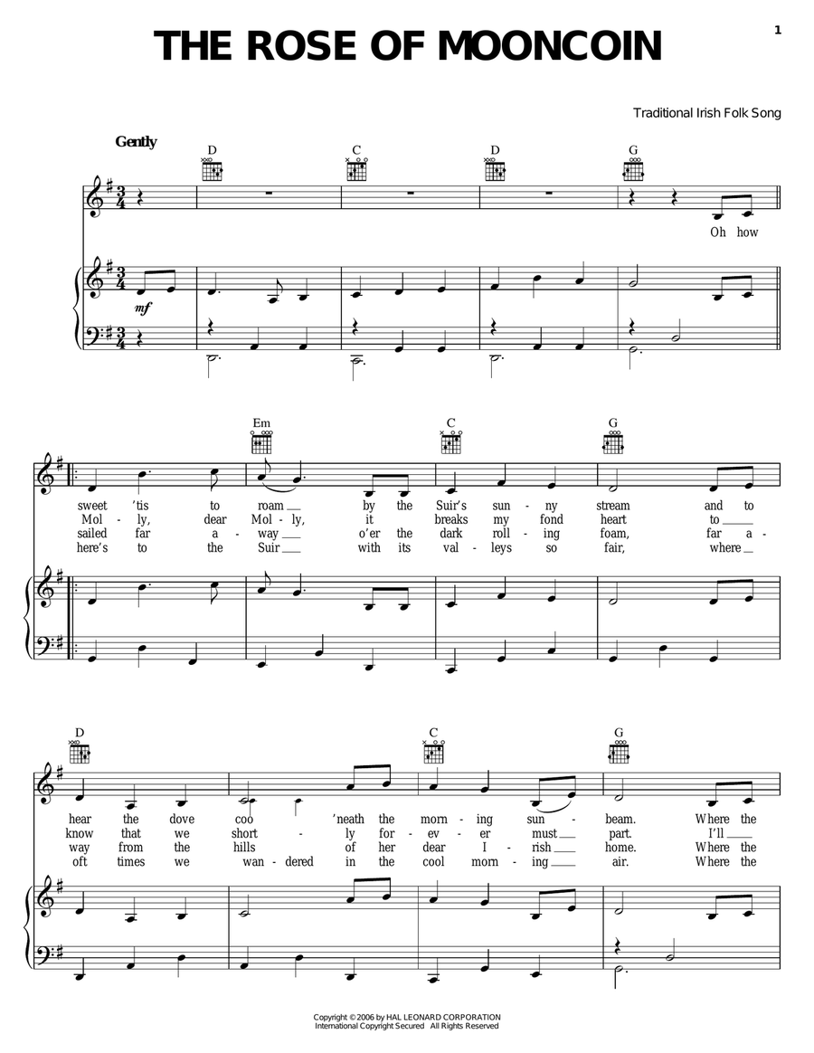 The Rose Of Mooncoin Piano, Vocal, Guitar scores gallery preview page 1
