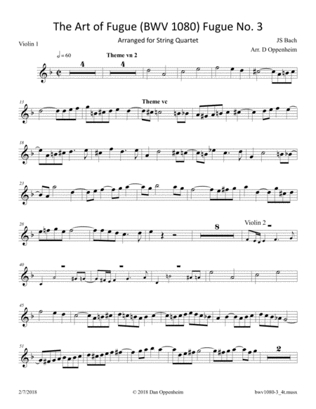 Bach: The Art of Fugue (BWV 1080), No. 3; arr. for String Quartet image number null