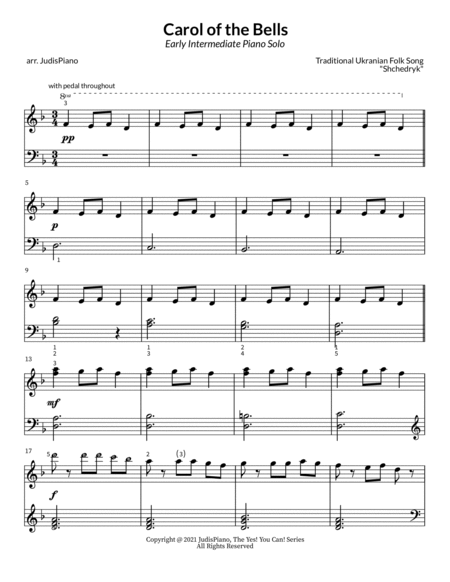 Carol of the Bells - 3 leveled arrangements - the Yes, You Can! piano series image number null
