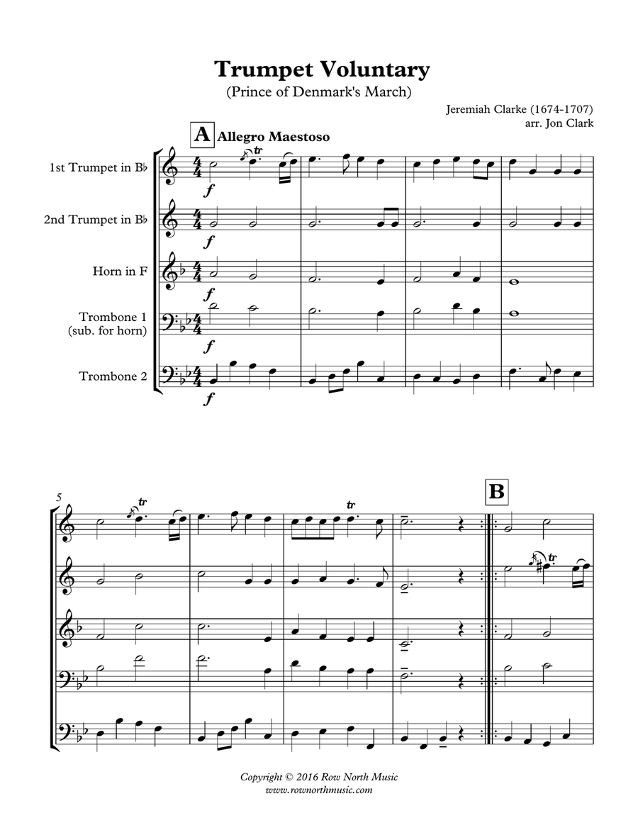 Trumpet Voluntary (Prince of Denmark's March) - Jeremiah Clarke (1674-1707) arr. Jon Clark Brass Ensemble scores gallery preview page 1