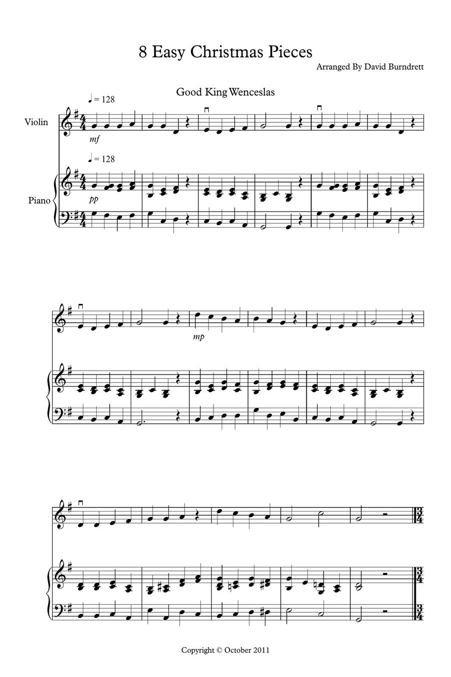 8 Easy Christmas Pieces for Violin And Piano Violin scores gallery preview page 1