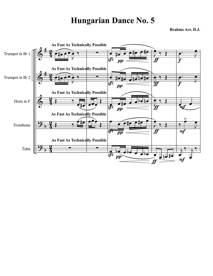 Hungarian Dance No 5 In G Minor - Allegro Vivace Brass Quintet scores gallery preview page 1