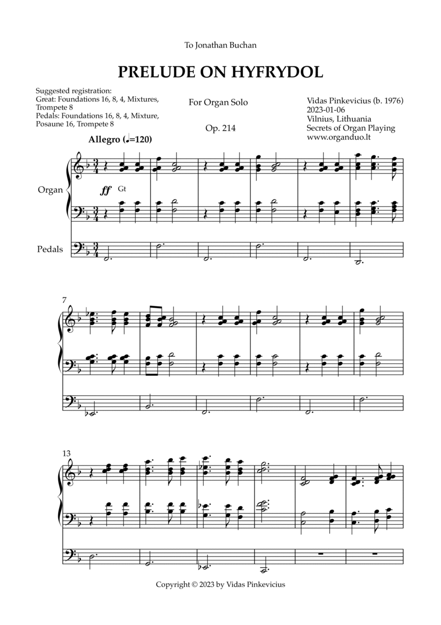 Prelude on Hyfrydol, Op. 214 (Organ Solo) by Vidas Pinkevicius Organ Solo scores gallery preview page 1