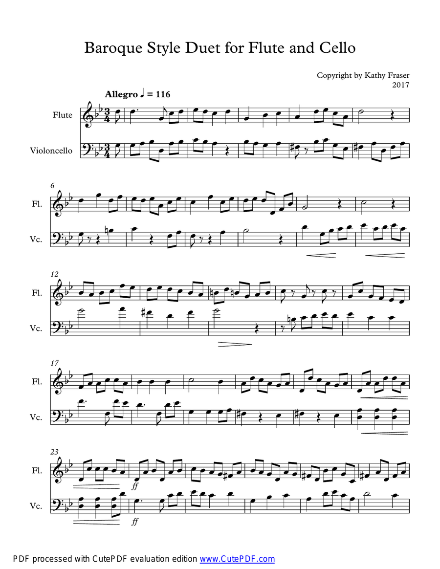 Baroque Style Duet for Flute and Cello Flute scores gallery preview page 1