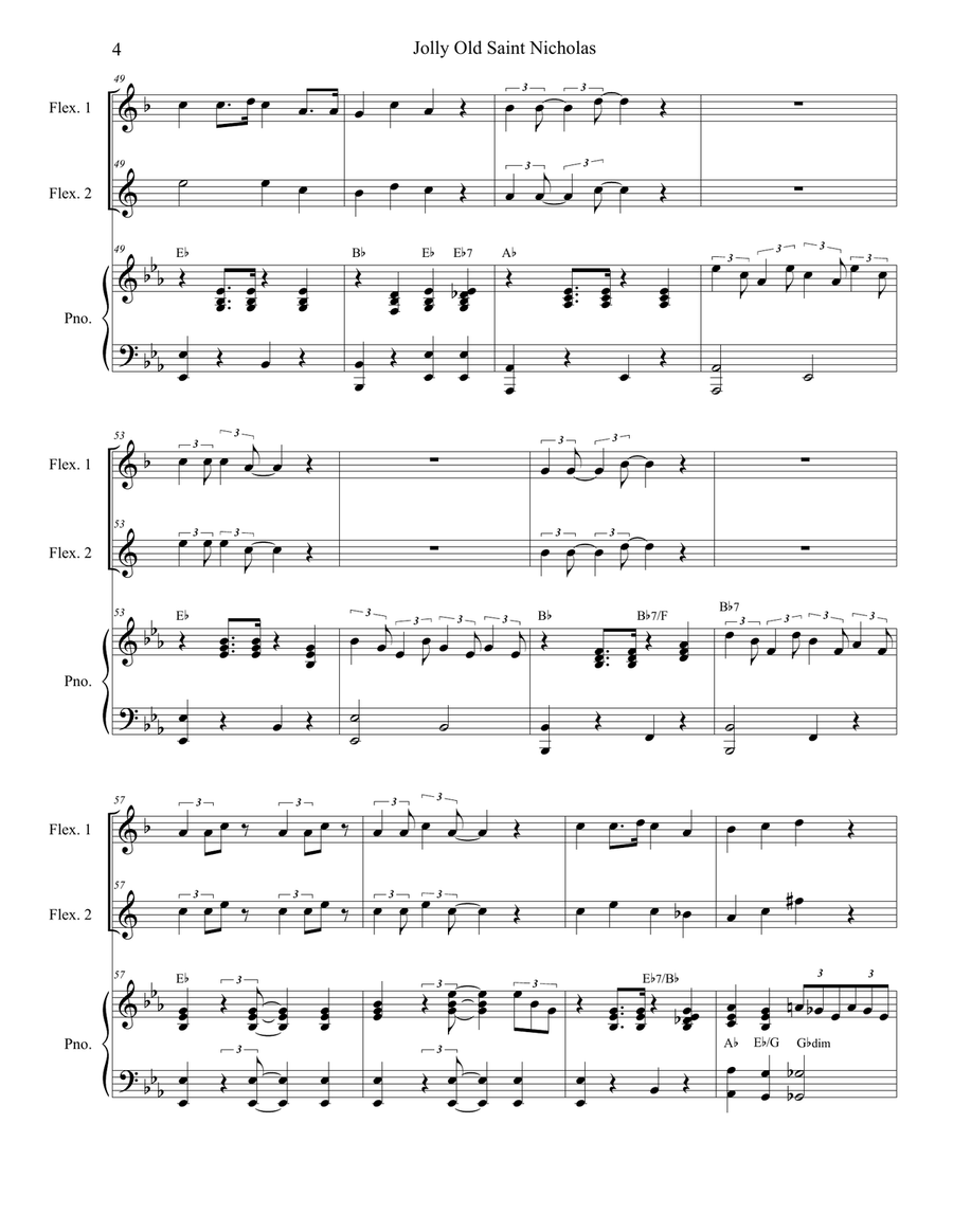 Jolly Old Saint Nicholas with Up On The Housetop (Duet for Flexible Treble Instrumentation and Piano Small Ensemble scores gallery preview page 5