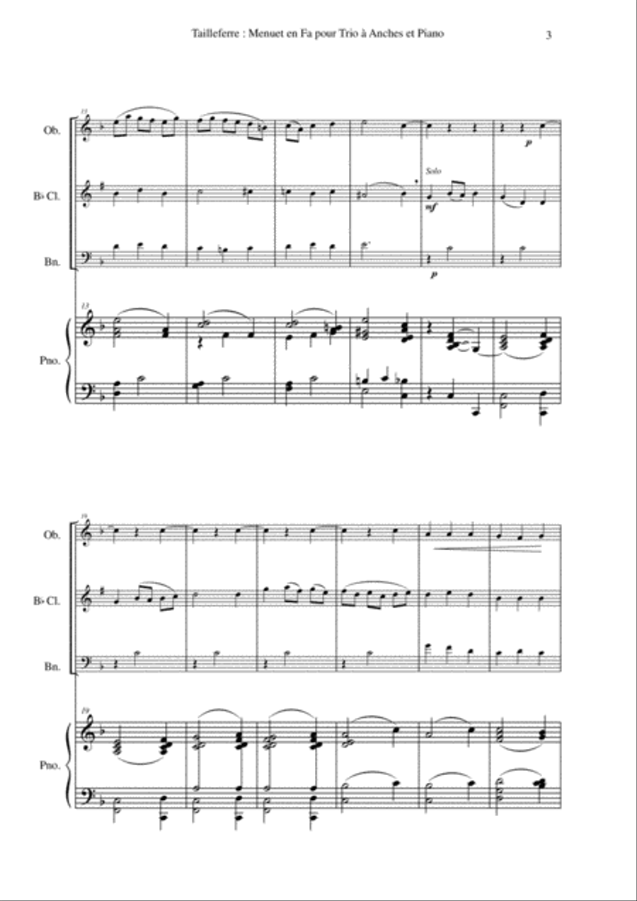 Germaine Tailleferre: Menuet en Fa for oboe, Bb clarinet, bassoon and piano Small Ensemble scores gallery preview page 3