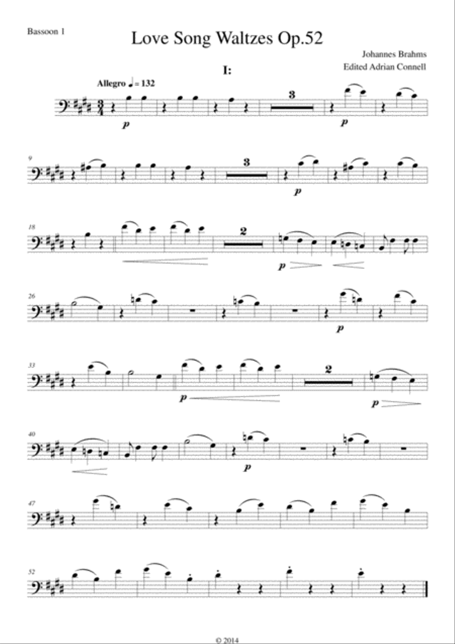 Brahms - Love Song Waltzes Op.52 for Choir and Chamber Orchestra - Bassoon 1 Choir scores gallery preview page 1